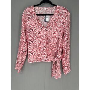 Gap Top Womens Small Red Floral Linen Wrap Long Sleeve Bohemian Cottage Boho